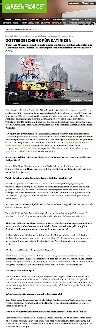 Greenpeace.de, Tilly Interview, 7.7.2017 Artikel im Wortlaut auf greenpeace.de [https://www.greenpeace.de/themen/umwelt-gesellschaft-demokratie/planet-earth-first/gottesgeschenk-fuer-satiriker]