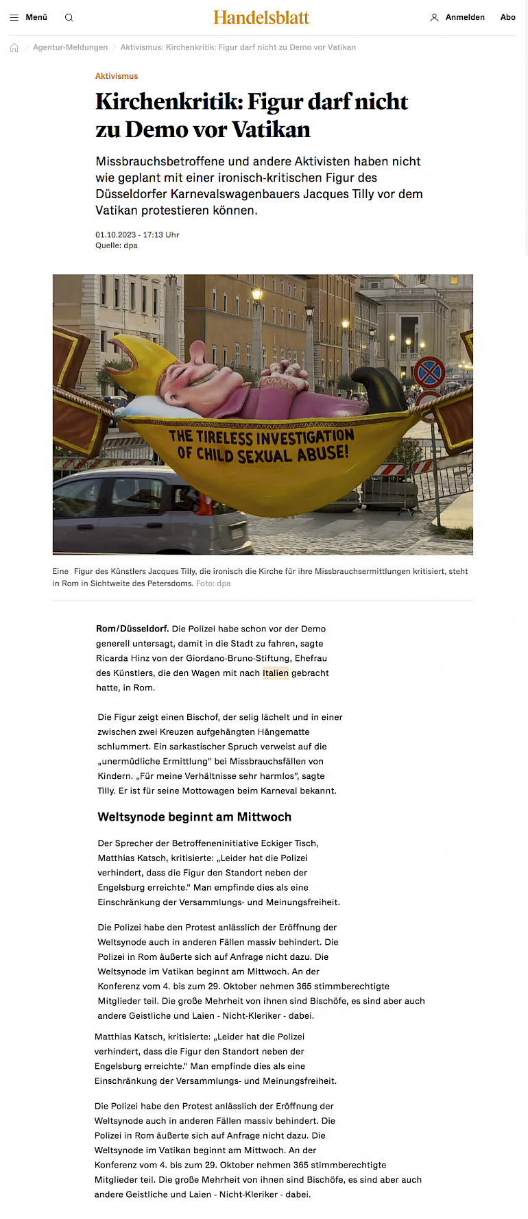 Handelsblatt online, 1.10.2023 [https://www.handelsblatt.com/dpa/aktivismus-kirchenkritik-figur-darf-nicht-zu-demo-vor-vatikan/29422608.html]