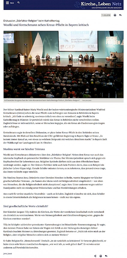 Kirche und Leben, 11.5.2018 Artikel im Wortlaut auf kirche-und-leben.de [https://www.kirche-und-leben.de/artikel/woelki-und-kretschmann-sehen-kreuz-pflicht-in-bayern-kritisch/]