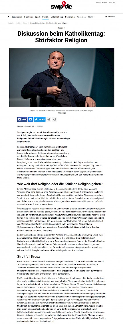 Südwest Presse, 11.5.2018 Artikel im Wortlaut auf swp.de [https://www.swp.de/politik/inland/diskussion-beim-kirchentag_-stoerfaktor-religion-25498415.html]