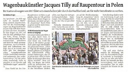 Westdeutsche Zeitung, 16.3.2018 Artikel im Wortlaut auf WZ.de [http://www.wz.de/lokales/duesseldorf/wagenbaukuenstler-jacques-tilly-auf-raupentour-in-polen-1.2642162]