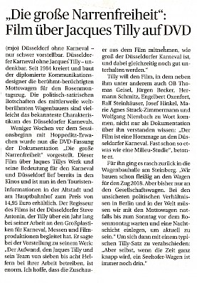 Rheinische Post, 21.10.2017 [http://www.rp-online.de/nrw/staedte/duesseldorf/die-grosse-narrenfreiheit-film-ueber-jacques-tilly-auf-dvd-aid-1.7158067]