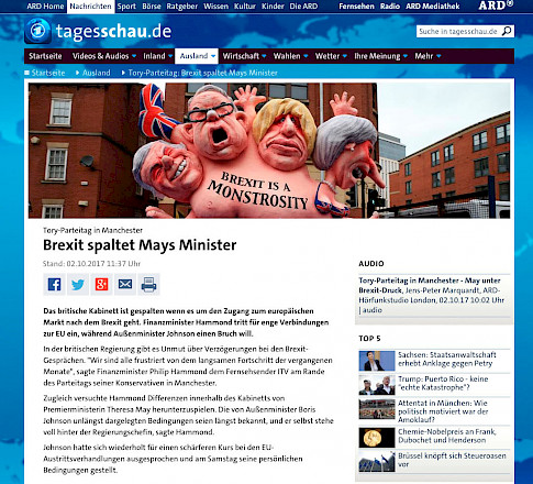 tagesschau.de, 2.10.2017 Weitere Artikel aus der deutschen Presse [/plastiken/grossplastiken/brexit-monstrosity-2017/deutsche-presse-zum-anti-brexit-wagen-in-manchester/]