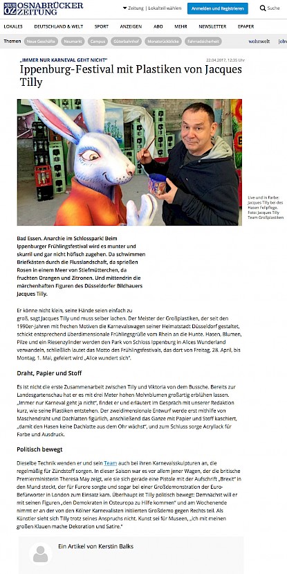 Osnabrücker Zeitung, 22.4.2017 Artikel im Wortlaut auf noz.de [http://www.noz.de/lokales/osnabrueck/artikel/884309/ippenburg-festival-mit-plastiken-von-jacques-tilly]