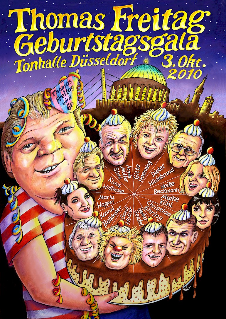 Posterentwurf mit Torte für die Geburtstagsgala des Kabarettisten Thomas Freitag
