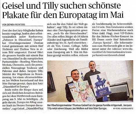 Rheinische Post, 24.3.2015 Artikel im Wortlaut auf RP Online [http://www.rp-online.de/nrw/staedte/duesseldorf/geisel-und-tilly-suchen-schoenste-plakate-fuer-den-europatag-im-mai-aid-1.4969165]