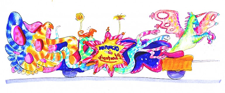 Prunkwagen-Entwurf für die Karnevalsgesellschaft "Große", Düsseldorfer Rosenmontagszug 2002