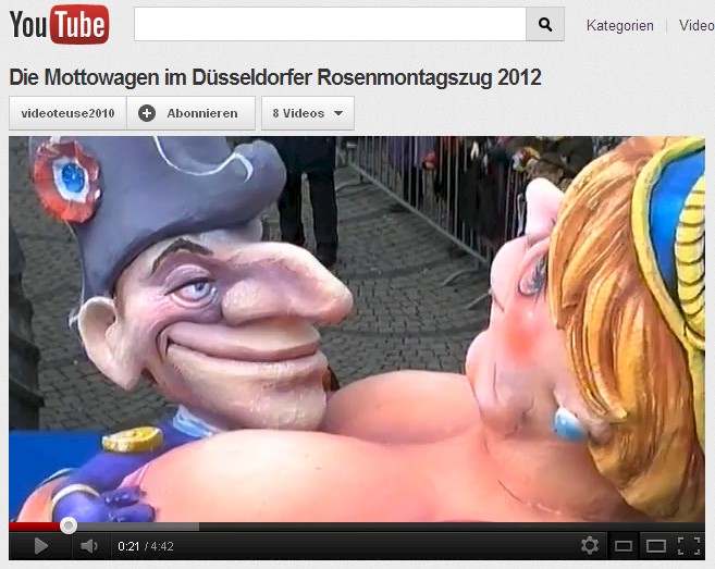 Ein Video [http://www.youtube.com/watch?gl=DE&v=U4IeRu0Hip8] von Ricarda Hinz zeigt auf YouTube die Mottowagen des Düsseldorfer Rosenmontags­zuges 2012 als Zusammenschnitt der WDR-Fernseh­übertragung. Länge: 4 Min. 42 s.