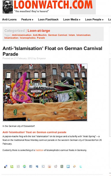 loonwatch.com, 21.2.2012 Diskussion um den Wagen auf loonwatch.com [http://www.loonwatch.com/2012/02/anti-islamisation-float-on-german-carnival-parade/]