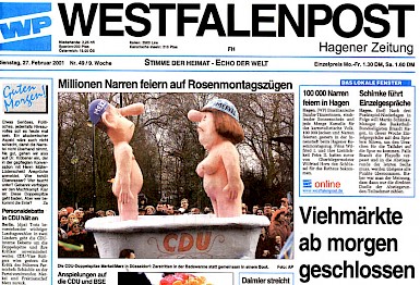 Titelblatt der Westfalenpost, 27.2.2001