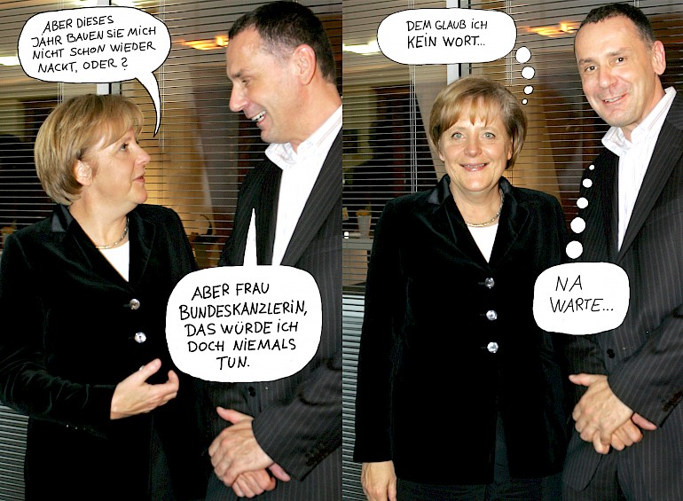 Kanzlerin Merkel und Jacques Tilly beim Pressefest der RP