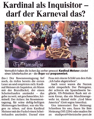 Rheinische Post, 8.2.2005 Artikel im Wortlaut [/karnevalswagen/politische-karnevalswagen/politische-karnevalswagen-2005/kardinal-meisner1/presse-zum-kardinal-meisner-skandalwagen-im-rosenmontagszug-2005/p-2005-02-08-rp-meisner-txt/]