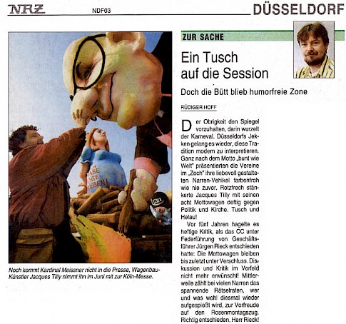 Neue Rhein Zeitung, 9.2.2005 Artikel im Wortlaut [/karnevalswagen/politische-karnevalswagen/politische-karnevalswagen-2005/kardinal-meisner1/presse-zum-kardinal-meisner-skandalwagen-im-rosenmontagszug-2005/p-2005-02-09-nrz-txt/]