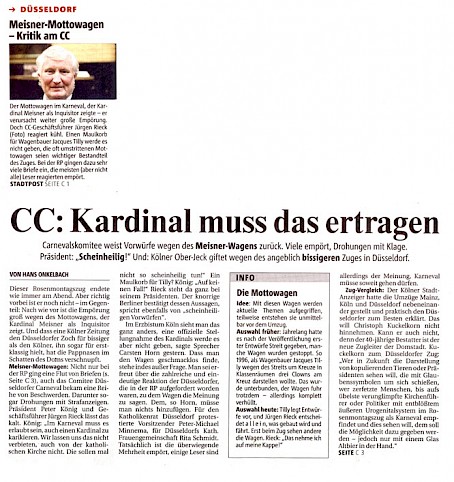Rheinische Post, 11.2.2005 Artikel im Wortlaut [/karnevalswagen/politische-karnevalswagen/politische-karnevalswagen-2005/kardinal-meisner1/presse-zum-kardinal-meisner-skandalwagen-im-rosenmontagszug-2005/p-2005-02-11-rp-txt/]