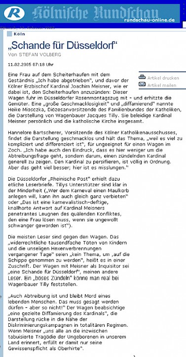 Kölnische Rundschau, 11.2.2005 Artikel im Wortlaut [/karnevalswagen/politische-karnevalswagen/politische-karnevalswagen-2005/kardinal-meisner1/presse-zum-kardinal-meisner-skandalwagen-im-rosenmontagszug-2005/p-2005-02-11-koelnische-r-txt/]