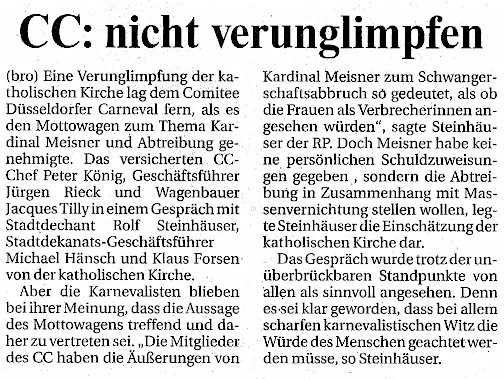 Rheinische Post, 2.3.2005 Artikel im Wortlaut [/karnevalswagen/politische-karnevalswagen/politische-karnevalswagen-2005/kardinal-meisner1/presse-zum-kardinal-meisner-skandalwagen-im-rosenmontagszug-2005/p-2005-03-02-rp-txt/]