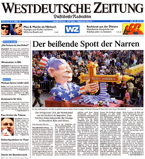 Westdeutsche Zeitung, 8.2.2005 Artikel im Wortlaut [/karnevalswagen/politische-karnevalswagen/politische-karnevalswagen-2005/bush-schiesst/presse-zum-bushwagen/p-2005-02-08-wz-titel-txt/]