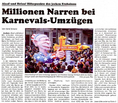 Tusch, März 2005 Artikel im Wortlaut [/karnevalswagen/politische-karnevalswagen/politische-karnevalswagen-2005/bush-schiesst/presse-zum-bushwagen/p-2005-03-00-tusch-bushtitel-txt/]