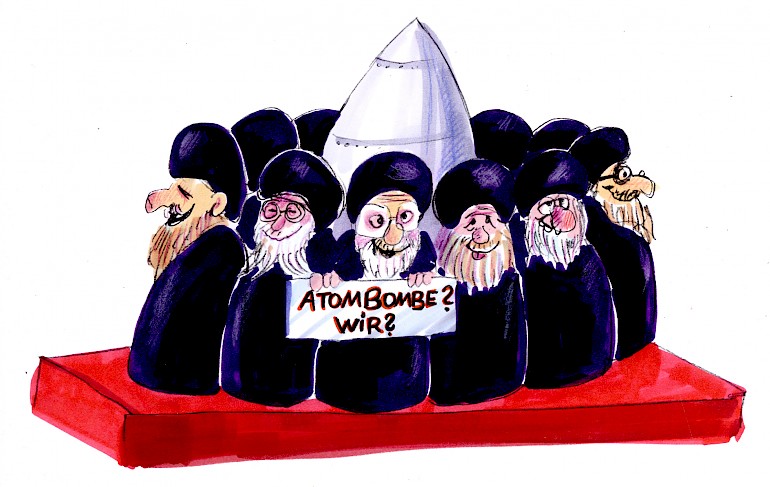 Karikatur: iranische Mullahs mit Atombombe