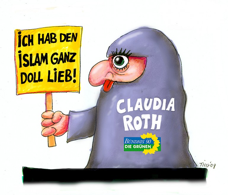Karikatur: Claudia Roth in Burka