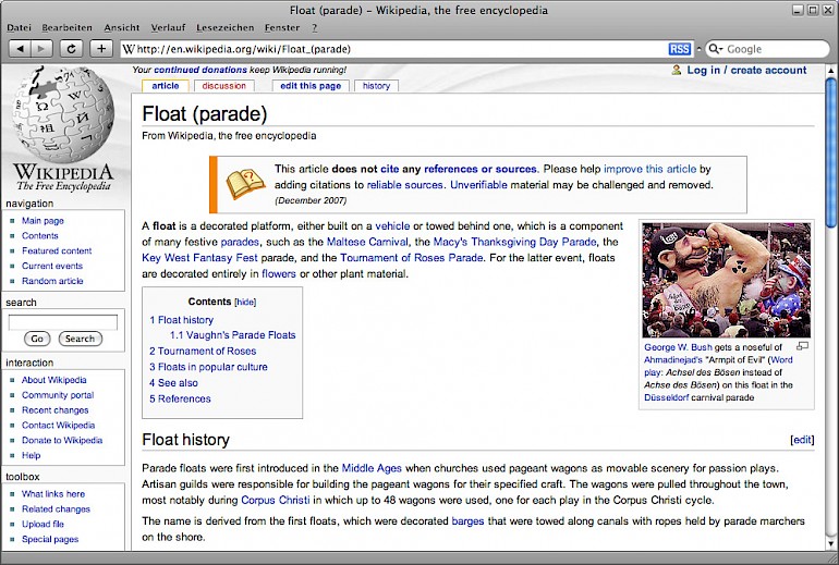 In einem Artikel im englischsprachigen Wikipedia mit dem Lemma &quot;Float (Parade)&quot; wird ein Düsseldorfer Karnevalswagen als Beispiel für einen Paradewagen gezeigt.