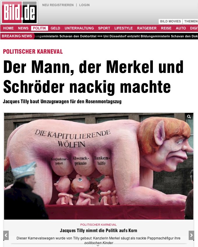 Bildzeitung, 6.2.2013 Artikel und Fotos auf Bild online [http://www.bild.de/politik/inland/rosenmontag/jacques-tilly-der-meister-der-pappkoepfe-28382646.bild.html] Print-Ausgabe in der NRZ [/pressespiegel/2013/bild-online-2013-02-05/printausgabe-des-artikels-in-der-nrz/]