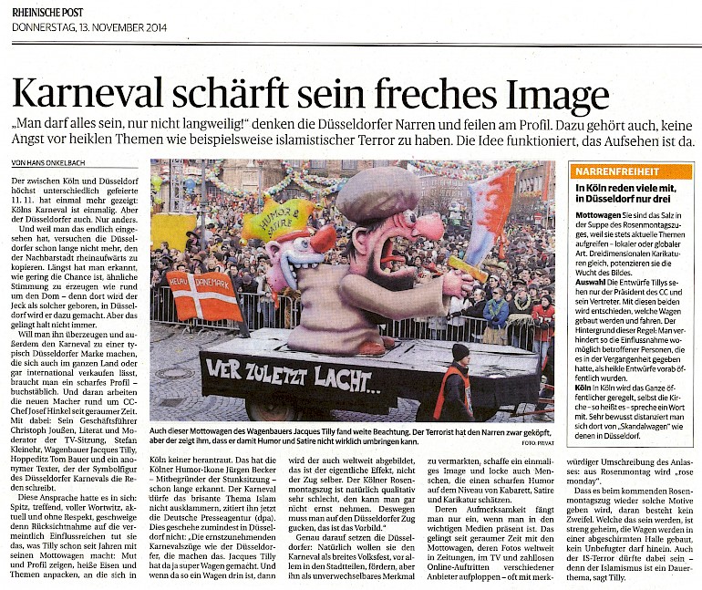 Rheinische Post, 13.11.2014 Artikel im Wortlaut [http://www.rp-online.de/nrw/staedte/duesseldorf/karneval-schaerft-sein-freches-image-aid-1.4665201] auf RP Online
