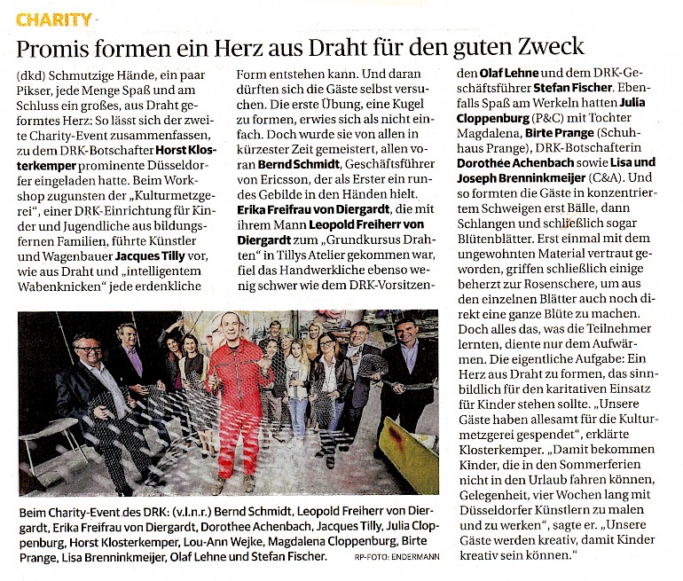 Rheinische Post, 12.4.2014 Artikel im Wortlaut auf RP Online [http://www.rp-online.de/nrw/staedte/duesseldorf/stadtgespraech/promis-formen-ein-herz-aus-draht-fuer-den-guten-zweck-aid-1.4172132]