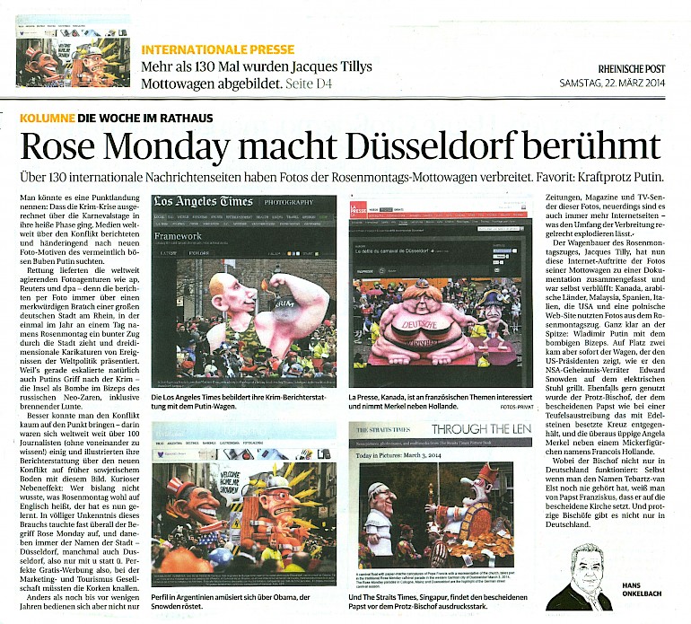Rheinische Post, 22.3.2014 Artikel im Wortlaut auf RP Online [http://www.rp-online.de/nrw/staedte/duesseldorf/rose-monday-macht-duesseldorf-beruehmt-aid-1.4122817]