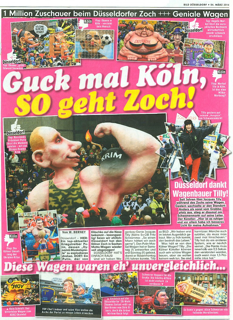 Bildzeitung, 4.3.2014 Artikel im Wortlaut auf bild.de [http://www.bild.de/regional/duesseldorf/karneval/guck-mal-koeln-so-geht-zoch-34920614.bild.html]