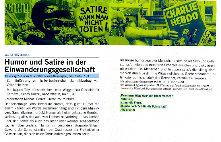 Respekt und Mut, Jahresheft 2015/2016 Veranstaltung mit Jacques Tilly am Donnerstag, 25.2.2016, 19 Uhr, Heinrich-Heine-Institut, Bilker Straße 12-14