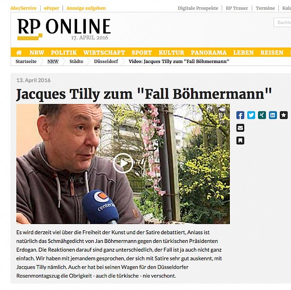 Rheinische Post, 13.4.2016 Interview-Video auf RP Online [http://www.rp-online.de/nrw/staedte/duesseldorf/jacques-tilly-zum-fall-boehmermann-vid-1.5901451] Mehr Presse zum Thema [/pressespiegel/2016/boehmermann/mehr-presse-zum-thema-boehmermann/]