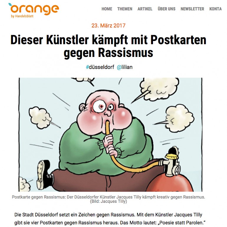 Vier Postkarten der Stadt Düsseldorf gegen Rassismus Orange by Handelsblatt online, 23.3.2017 Artikel im Wortlaut auf orange.handelsblatt.com [http://orange.handelsblatt.com/artikel/23424]