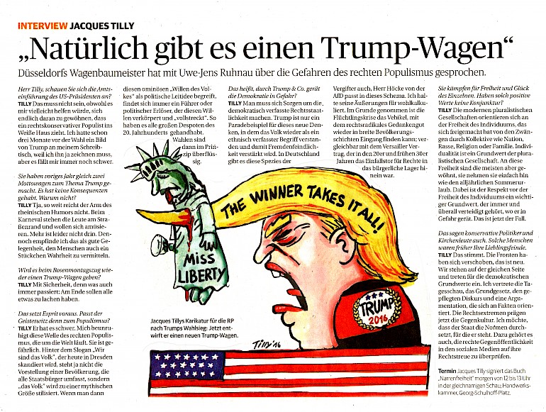 Rheinische Post, 20.1.2017 Interview im Wortlaut auf RP online [http://www.rp-online.de/nrw/staedte/duesseldorf/karneval/mit-sicherheit-wird-es-einen-trump-wagen-geben-aid-1.6546904]