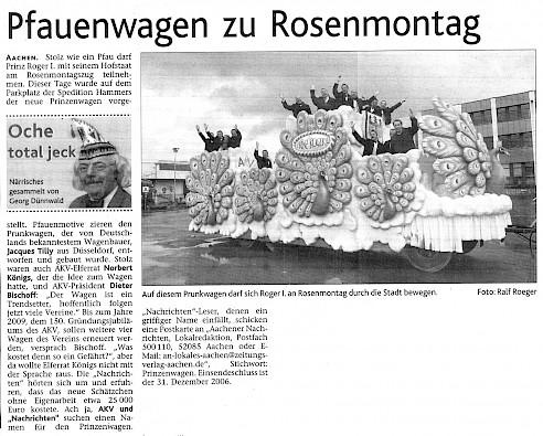 Aachener Nachrichten, 13.11.2006 Artikel im Wortlaut [/karnevalswagen/prinzenwagen/aachener-pfauenwagen-2007/mehr-bilder-und-presse-zum-aachener-prinzenwagen-2007/p-2006-11-13-aachener-nachrichten-txt/]