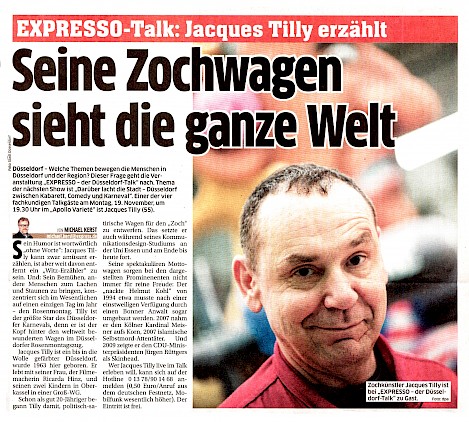 Express, 15.11.2018 - Artikel im Wortlaut auf Express online [https://www.express.de/duesseldorf/expresso-talk--jacques-tilly-zu-gast-seine-zochwagen-sieht-die-ganze-welt-31597350]