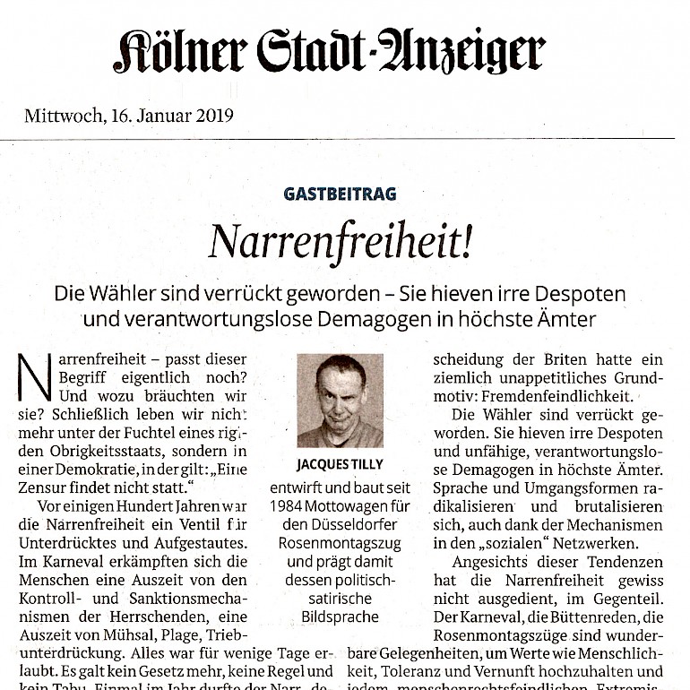 Kölner Stadtanzeiger, 16.1.2019 (In der Vergrößerung erscheint der gesamte Artikel)