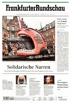 Frankfurter Rundschau, 25.2.2020, Titelseite Mehr Presse [/karnevalswagen/politische-karnevalswagen/politische-karnevalswagen-2020/aus-worten-werden-taten-2020/mehr-presse-zum-hanau-wagen/]