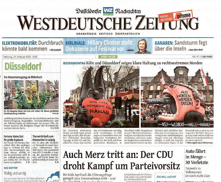 Westdeutsche Zeitung, 25.2.2020, Titelseite