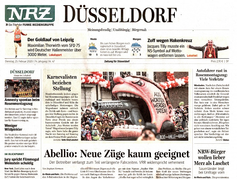 Neue Rhein Zeitung, 25.2.2020, Titelseite