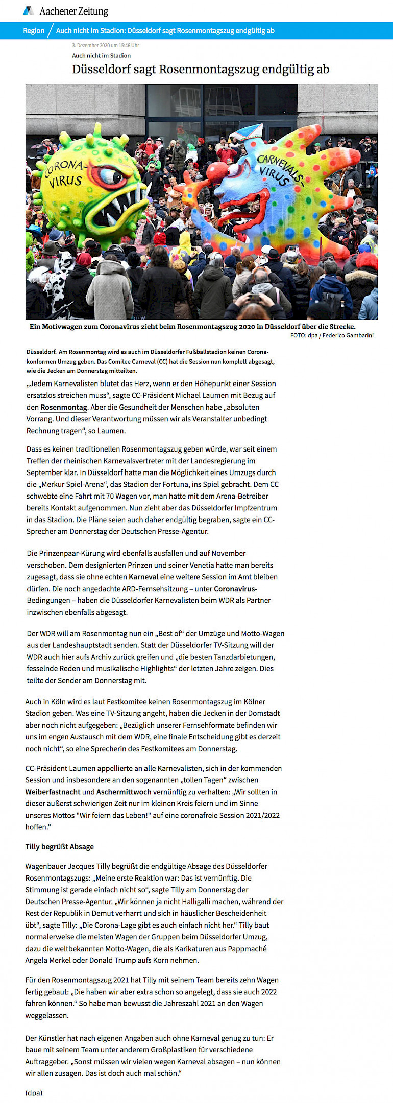Aachener Zeitung, 3.12.2020