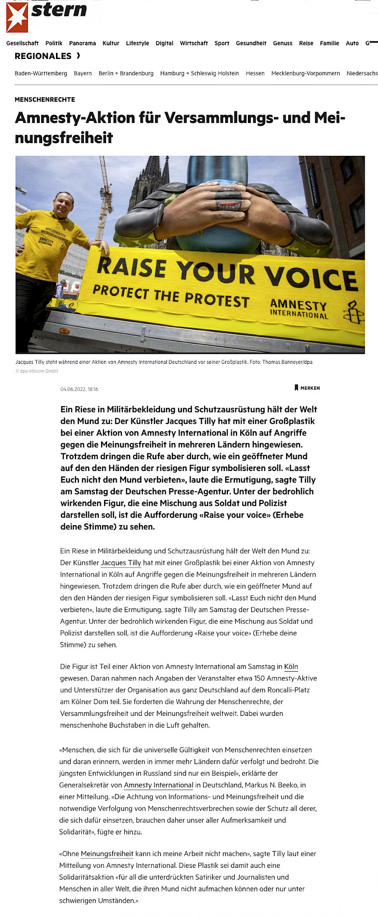 Stern, 4.6.2022 [https://www.stern.de/gesellschaft/regional/nordrhein-westfalen/menschenrechte-amnesty-aktion-fuer-versammlungs--und-meinungsfreiheit-31924216.html]